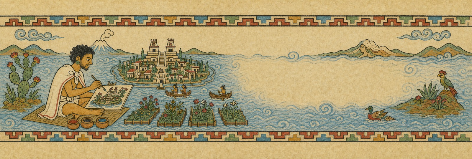 Un tlacuilo pinta un códice frente a Tenochtitlan, en el lago